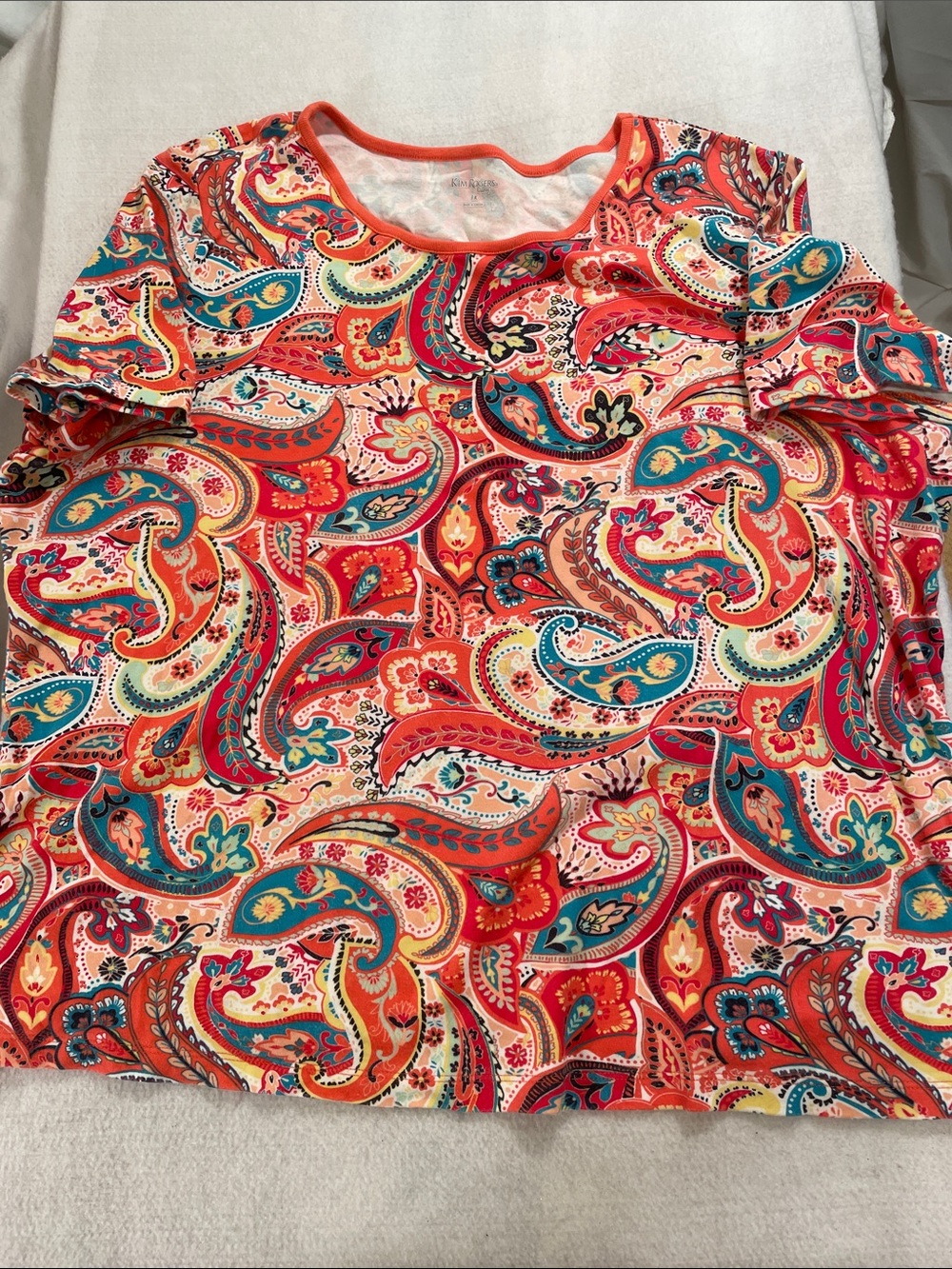 Kim Rogers Curvy Multicolor Paisley Scoop Neck Tee with Coral Trim